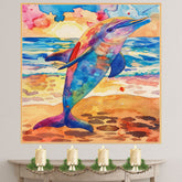 Watercolor Painting of Colorful Dolphin on Sandy Shore with Ocean Waves and Sunset Sky in Bright Orange Blue and Pink Hues on Ready to Hang 1.5" Thick Canvas Wrap, Floating Framed Canvas, Flat Rolled Canvas